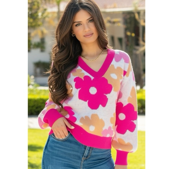 SOUTHERN GRACE Dazed For Days Floral V Neck Sweater in Pink Beige Small 4/6 - Picture 1 of 10
